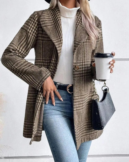 Plaid Button-Up Long Sleeve Jacket with Collar