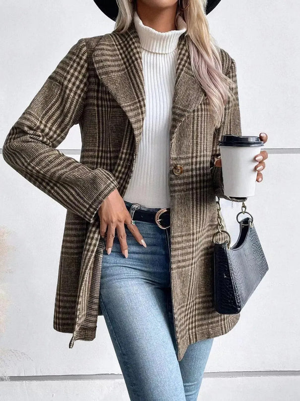 Plaid Button-Up Long Sleeve Jacket with Collar