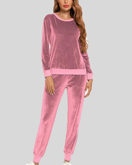 Cozy Round Neck Long Sleeve Lounge Set with Convenient Pockets