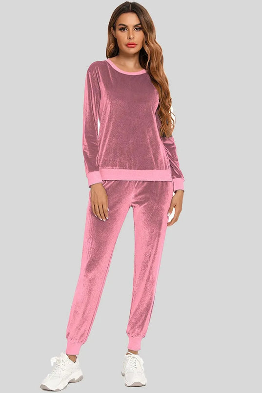 Cozy Round Neck Long Sleeve Lounge Set with Convenient Pockets