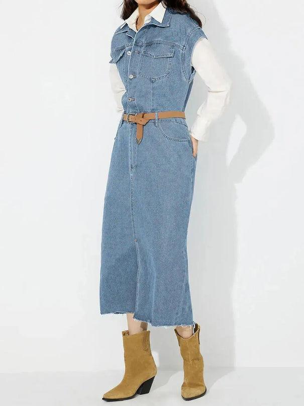 Slit Half Button Collared Neck Cap Sleeve Denim Dress - ShopEasier