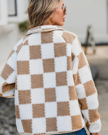 Checkered Snap Down Long Sleeve Teddy Jacket - ShopEasier