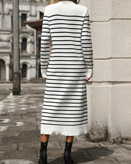 Striped Round Neck Long Sleeve Dress - ShopEasier