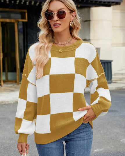 Checkered Round Neck Long Sleeve Sweater - ShopEasier