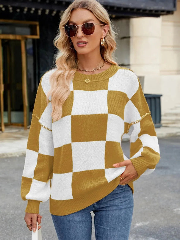 Checkered Round Neck Long Sleeve Sweater - ShopEasier