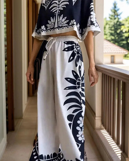 Printed Half Sleeve Top and Wide Leg Pants Set - ShopEasier