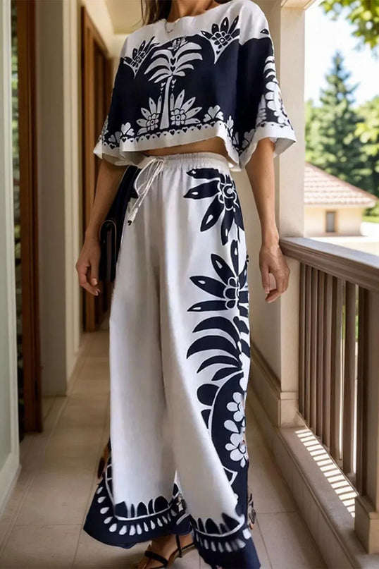 Printed Half Sleeve Top and Wide Leg Pants Set - ShopEasier