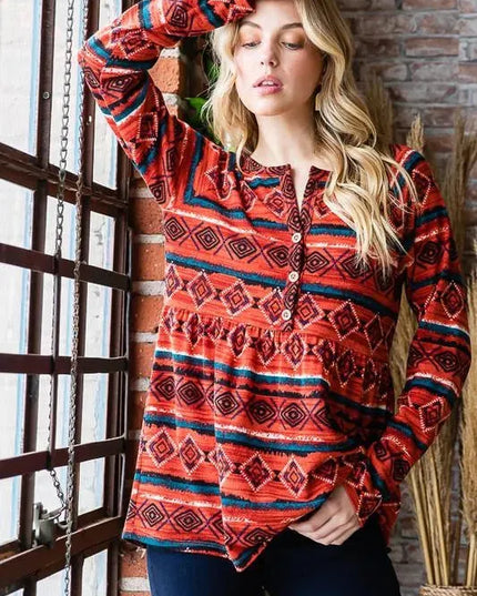 Chic Geometric Button-Detail Long Sleeve Babydoll Top