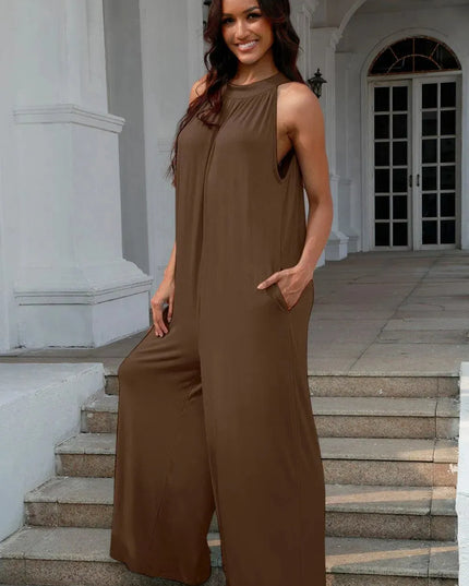 Double Take Full Size Tie Back Cutout Sleeveless Jumpsuit - ShopEasier