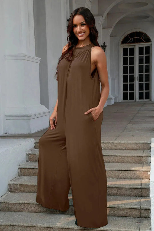 Double Take Full Size Tie Back Cutout Sleeveless Jumpsuit - ShopEasier