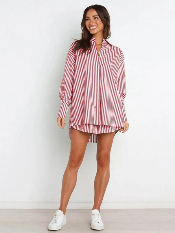 Striped Short Sleeve Button-Up Shirt and Shorts Combo Set