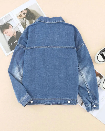 Collared Neck Button Up Denim Jacket - ShopEasier