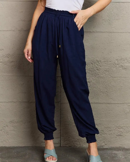 Tie Waist Long Joggers with Functional Pockets