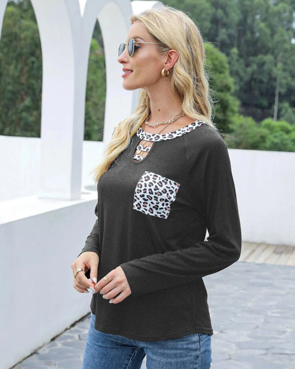 Leopard Print Cutout Long Sleeve Tee with Pocket