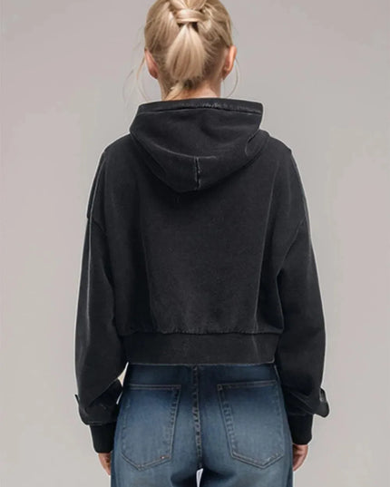 Cropped Cotton Hoodie with Kangaroo Pocket and Long Sleeves