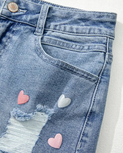 Distressed Heart-Shaped Mini Denim Skirt with Raw Hem