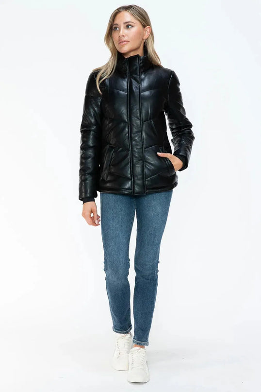 Snobbish Pocketed Zip Up Turtleneck Puffer Jacket - ShopEasier