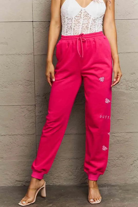 Butterfly Graphic Long Sweatpants with Drawstring by Simply Love