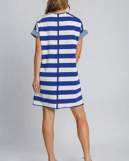 Umgee Peace Applique Striped Short Sleeve Mini Dress