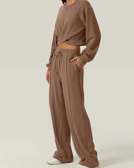 Crisscross Round Neck Top and Drawstring Pants Set - ShopEasier