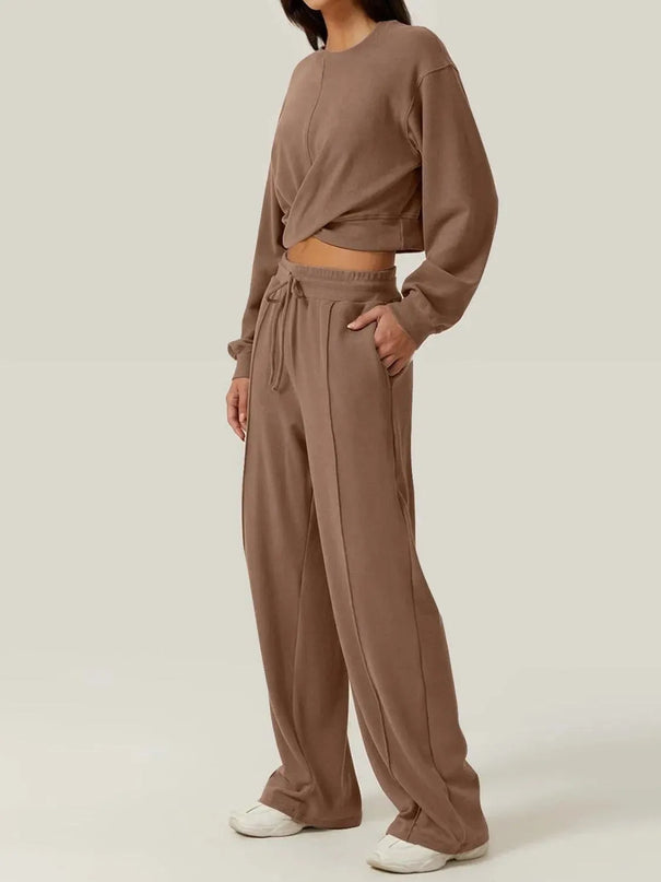 Crisscross Round Neck Top and Drawstring Pants Set - ShopEasier