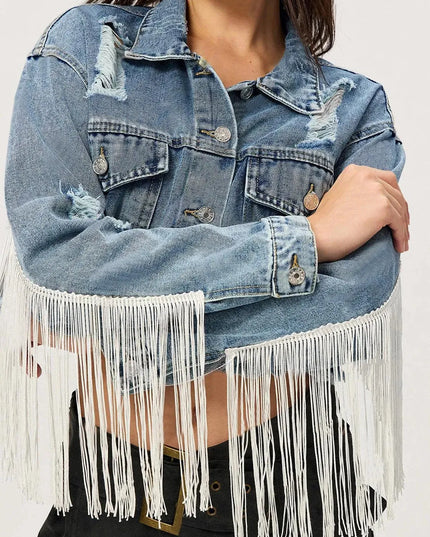 Distressed Fringe Collared Neck Cropped Denim Top