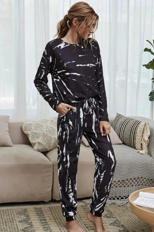 Conjunto de dos piezas acogedor con efecto tie-dye vibrante y pantalones de jogging con cordón