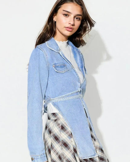 Asymmetric Slit Collared Neck Long Denim Top - ShopEasier