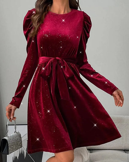 Glitter Round Neck Puff Sleeve Dress