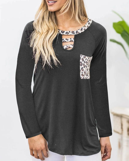 Leopard Print Cutout Long Sleeve Tee with Pocket