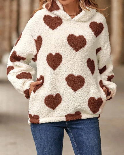 Fuzzy Heart Pocketed Dropped Shoulder Hoodie - ShopEasier