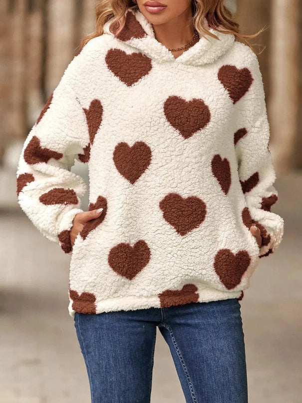 Fuzzy Heart Pocketed Dropped Shoulder Hoodie - ShopEasier