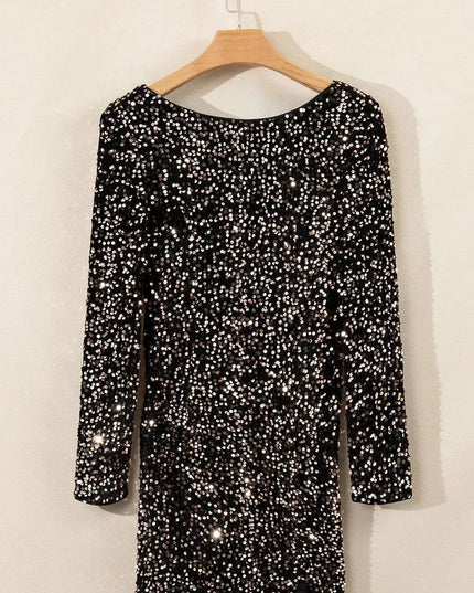 Backless Sequin Round Neck Long Sleeve Dress - ShopEasier