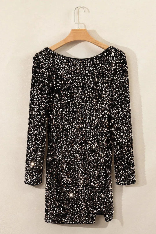 Backless Sequin Round Neck Long Sleeve Dress - ShopEasier