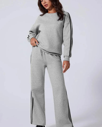 Sporty Side Striped Activewear Set with Round Neck Top and Pants