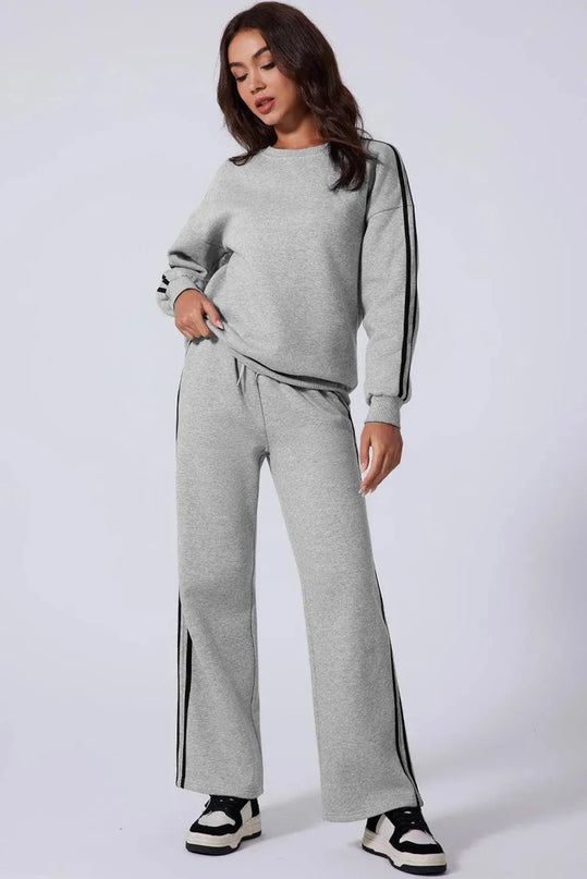 Sporty Side Striped Activewear Set with Round Neck Top and Pants