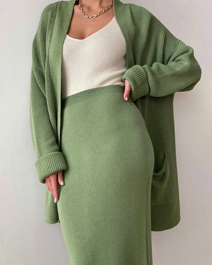 Pocketed Long Sleeve Cardigan and Skirt Sweater Set