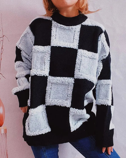 Checkered Round Neck Long Sleeve Sweater - ShopEasier