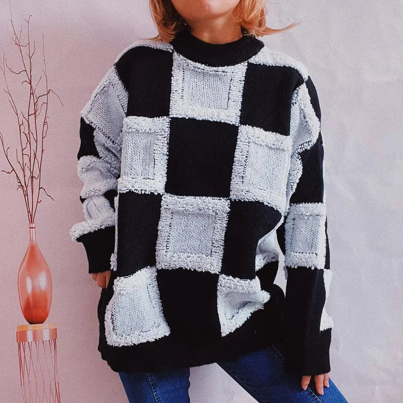 Checkered Round Neck Long Sleeve Sweater - ShopEasier