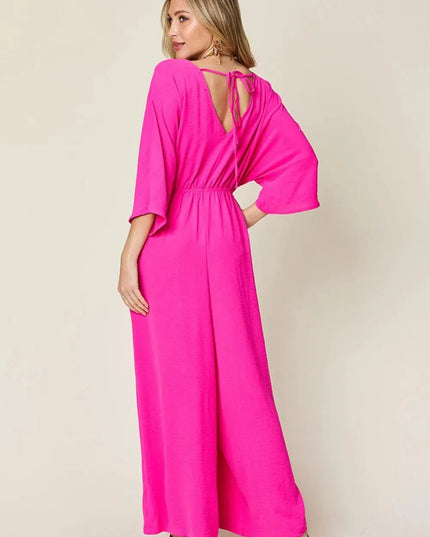 Double Take Full Size Surplice Wide Leg Jumpsuit with Pockets - ShopEasier