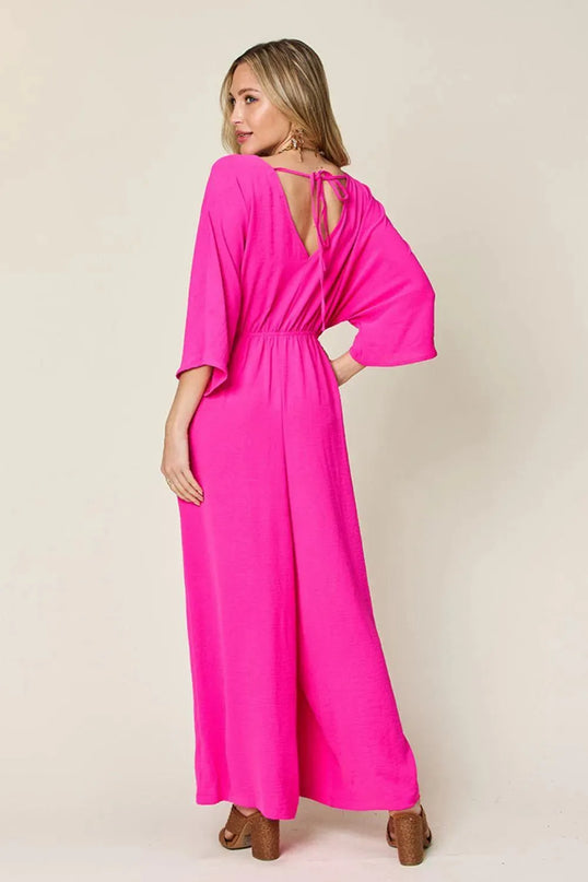 Double Take Full Size Surplice Wide Leg Jumpsuit with Pockets - ShopEasier