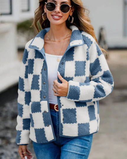 Checkered Snap Down Long Sleeve Teddy Jacket - ShopEasier