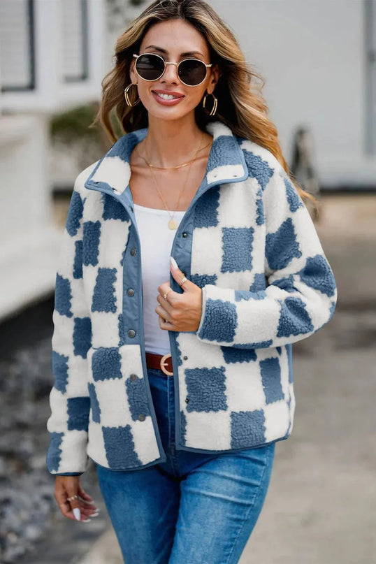 Checkered Snap Down Long Sleeve Teddy Jacket - ShopEasier