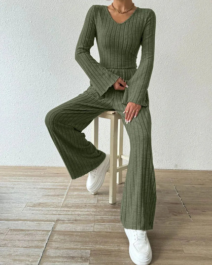 V-Neck Ribbed Long Sleeve Top with Pocketed Trousers Set