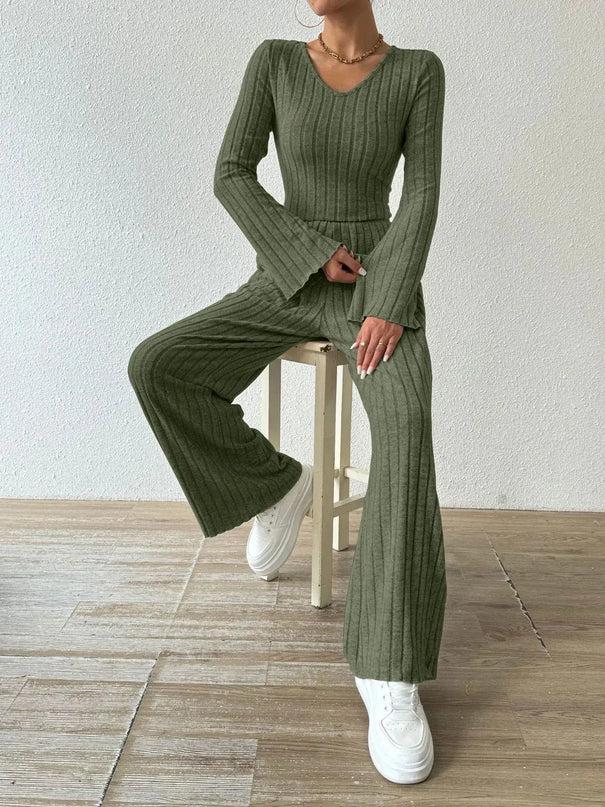 V-Neck Ribbed Long Sleeve Top with Pocketed Trousers Set