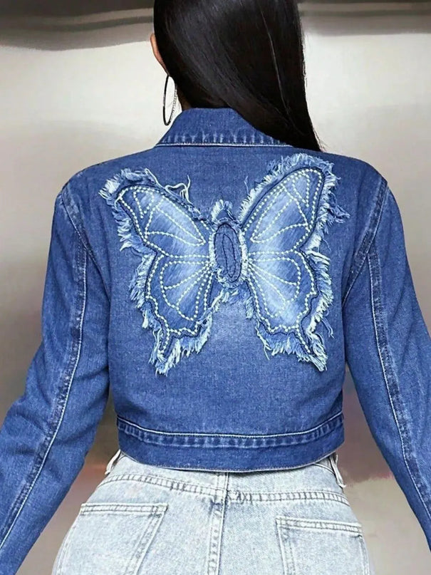 Butterfly Patch Long Sleeve Cropped Denim Top - ShopEasier