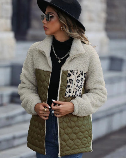 Leopard Print Color Block Zip-Up Hooded Jacket