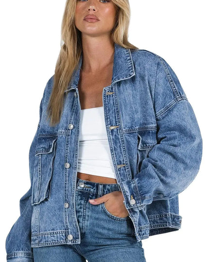 Collared Neck Button Up Denim Jacket - ShopEasier