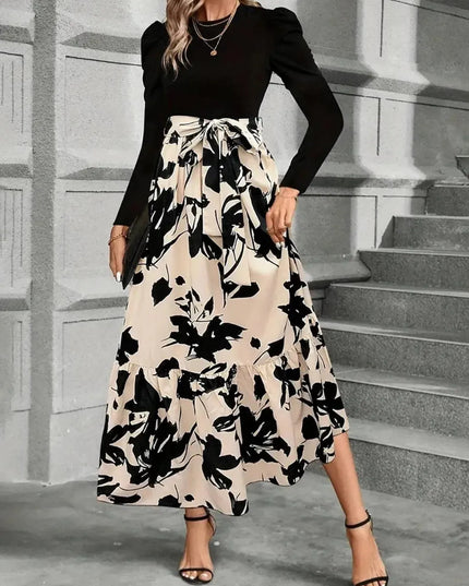 Tied Printed Round Neck Long Sleeve Midi Dress - ShopEasier