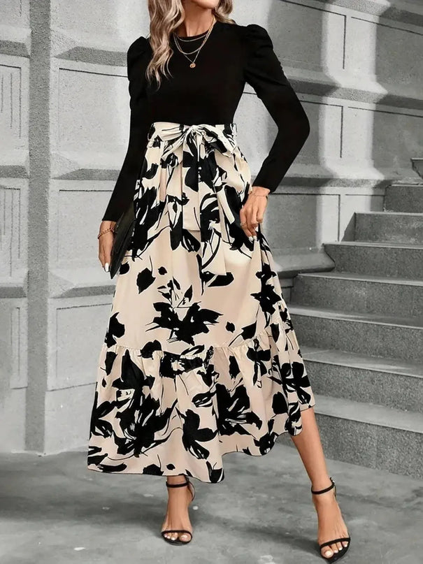 Tied Printed Round Neck Long Sleeve Midi Dress - ShopEasier